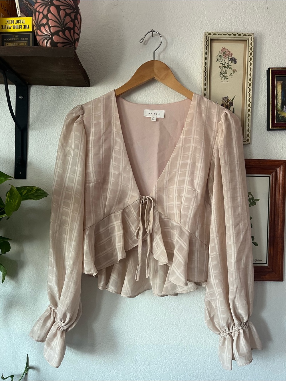MABLE Blush Pink Tie-Front Ruffle Peplum Blouse